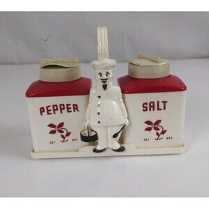 Vintage 1950s Dapol Plastics White & Red Salt & Pepper Shakers With Chef Stand